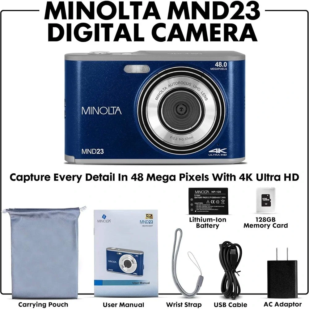 Minolta MND23 48MP Digital Camera 4K Ultra HD Selfie Lens Blue 32GB Open Box